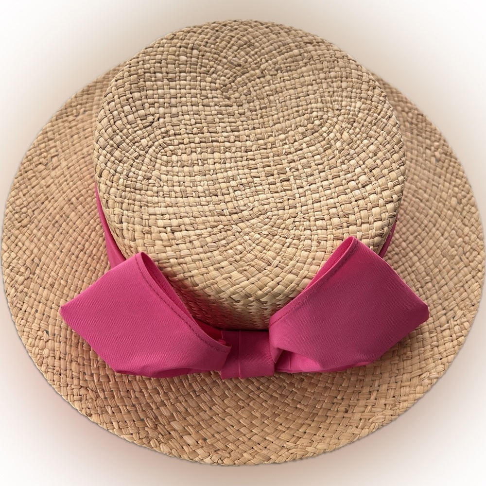 🩷Like New Vintage Importina Straw Boater Flat Top Derby Hat Hot Pink Ribbon Bow